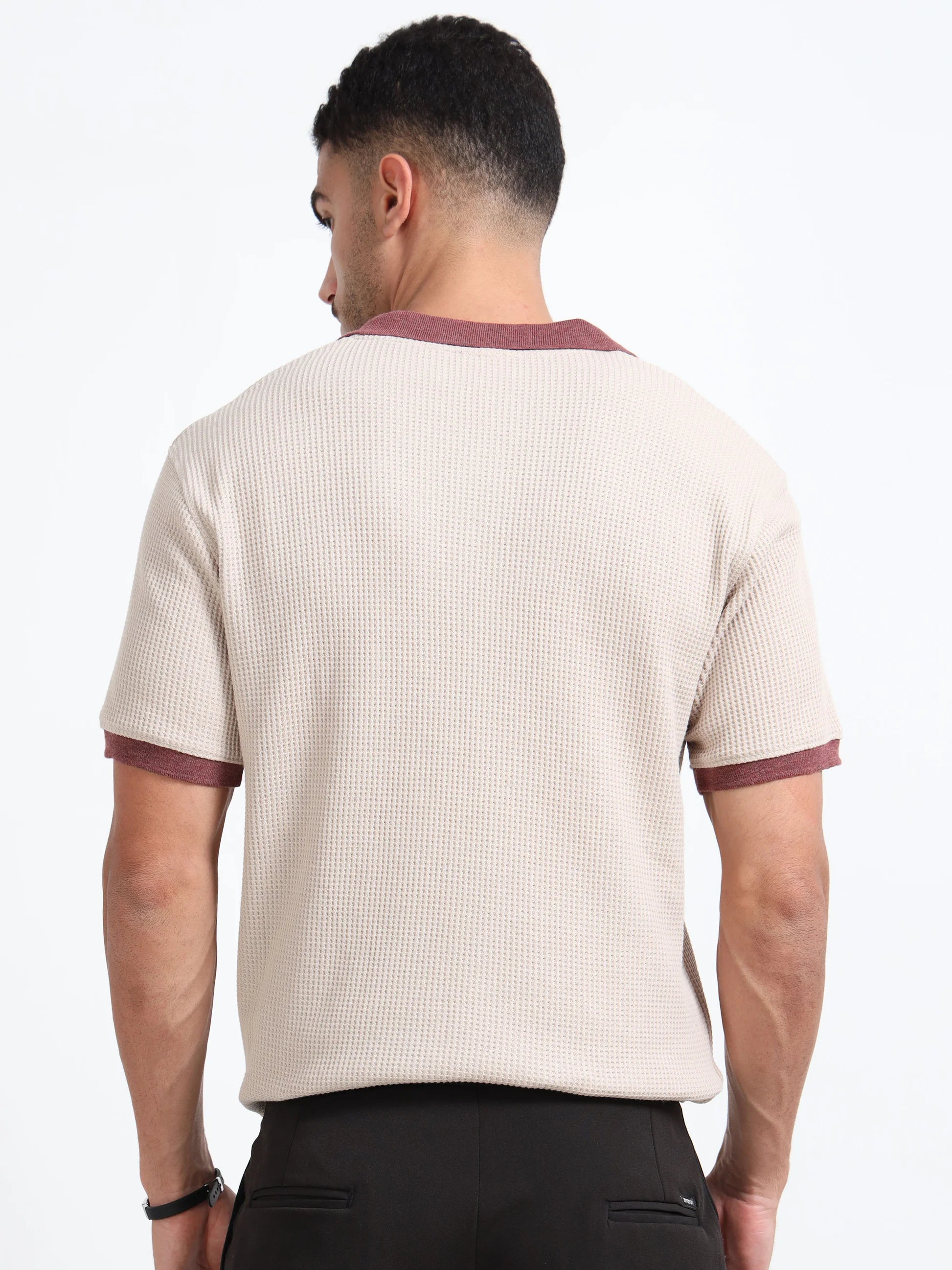 Textured Polo T-Shirt (Beige- Red)