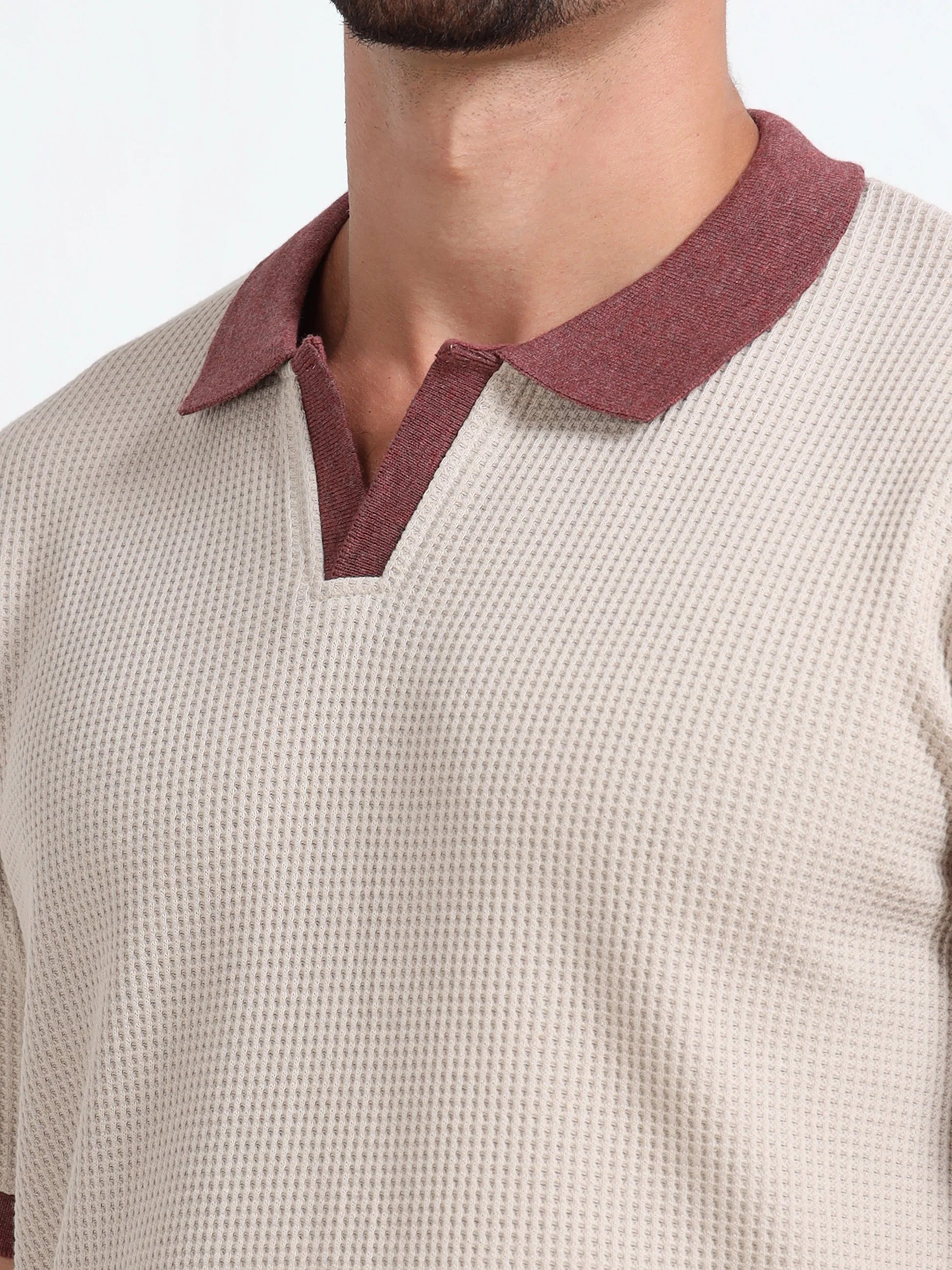 Textured Polo T-Shirt (Beige- Red)