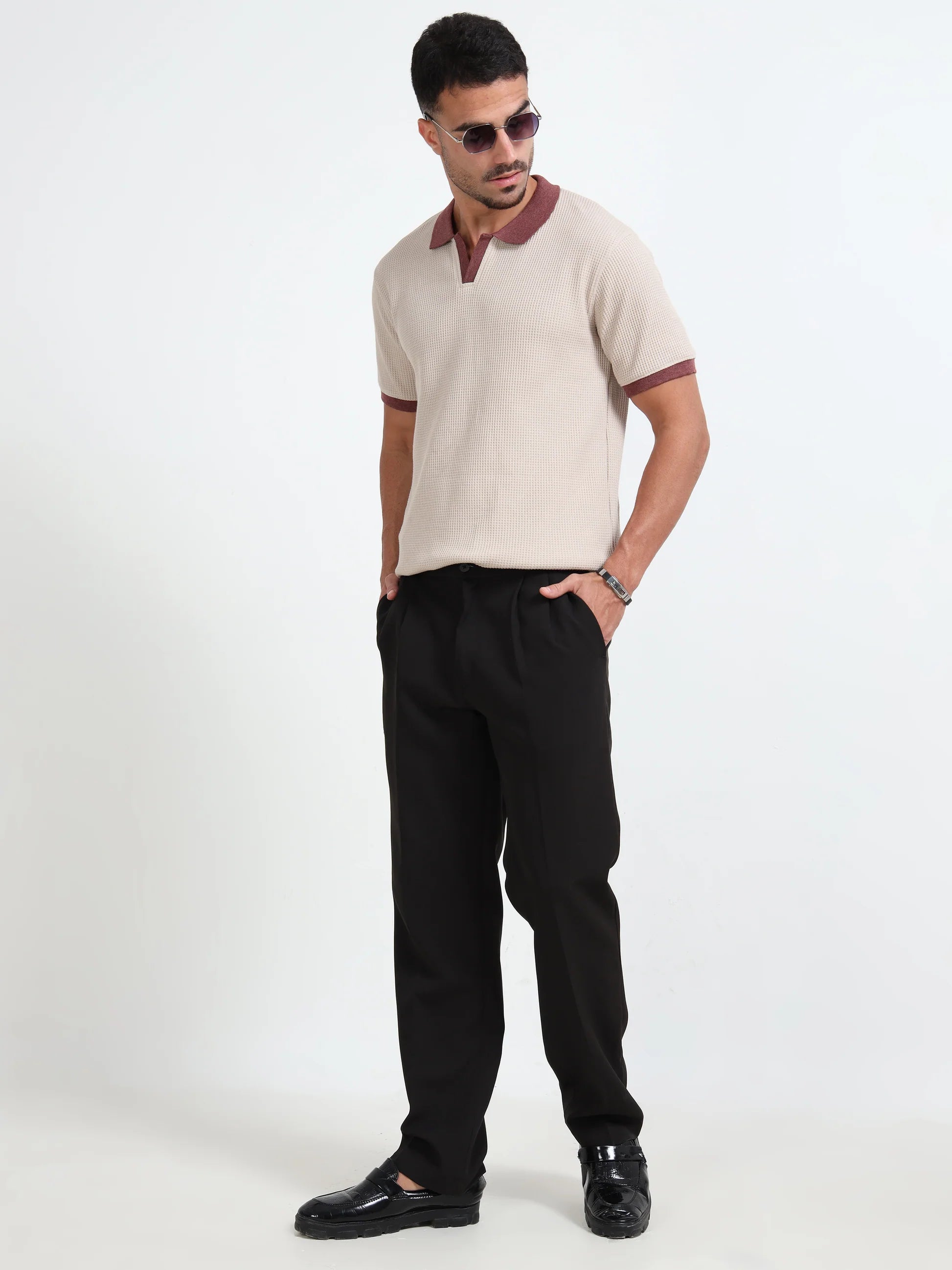 Textured Polo T-Shirt (Beige- Red)