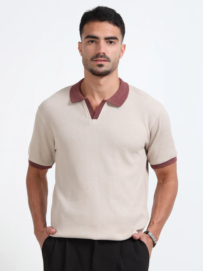 Textured Polo T-Shirt (Beige- Red)
