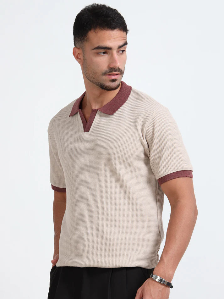 Textured Polo T-Shirt (Beige- Red)