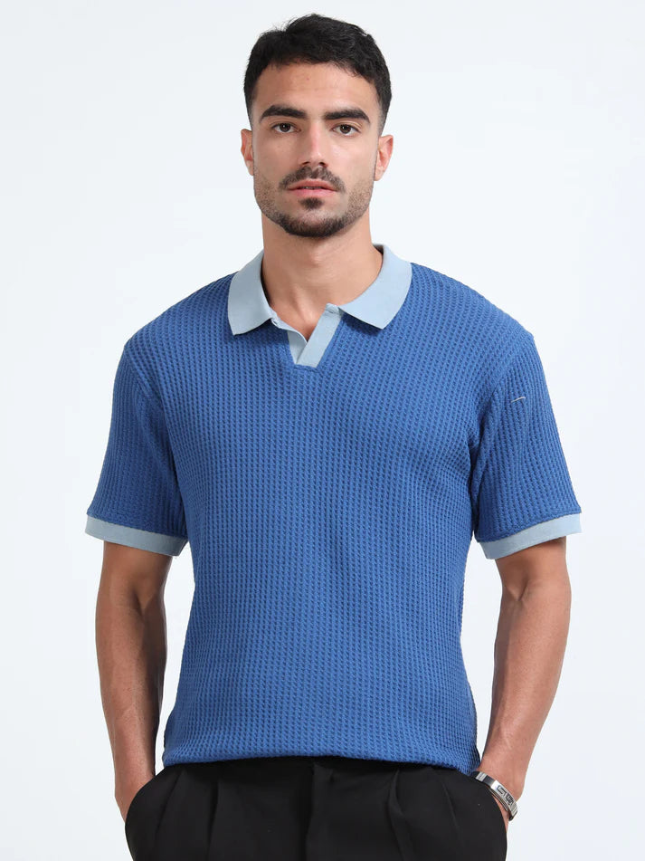 Textured Polo T-Shirt (D Blue - Lt Blue)