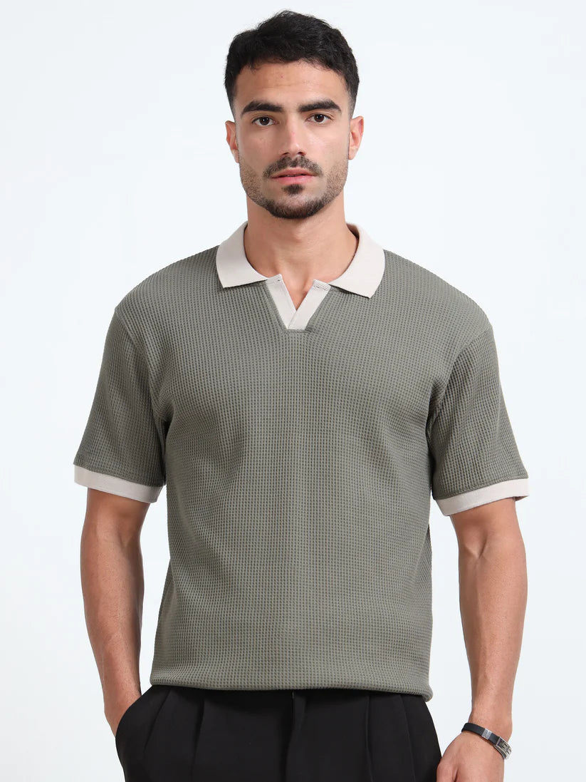 Textured Polo T-Shirt (Olive green - Beige)