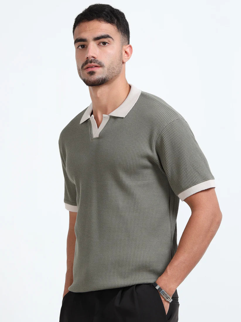 Textured Polo T-Shirt (Olive green - Beige)