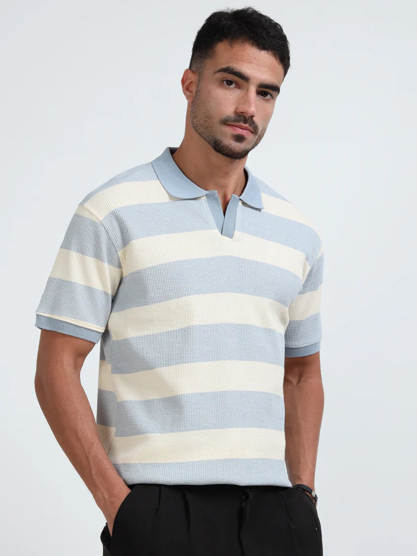 Textured Polo T-Shirt ( Lt Blue Strip )