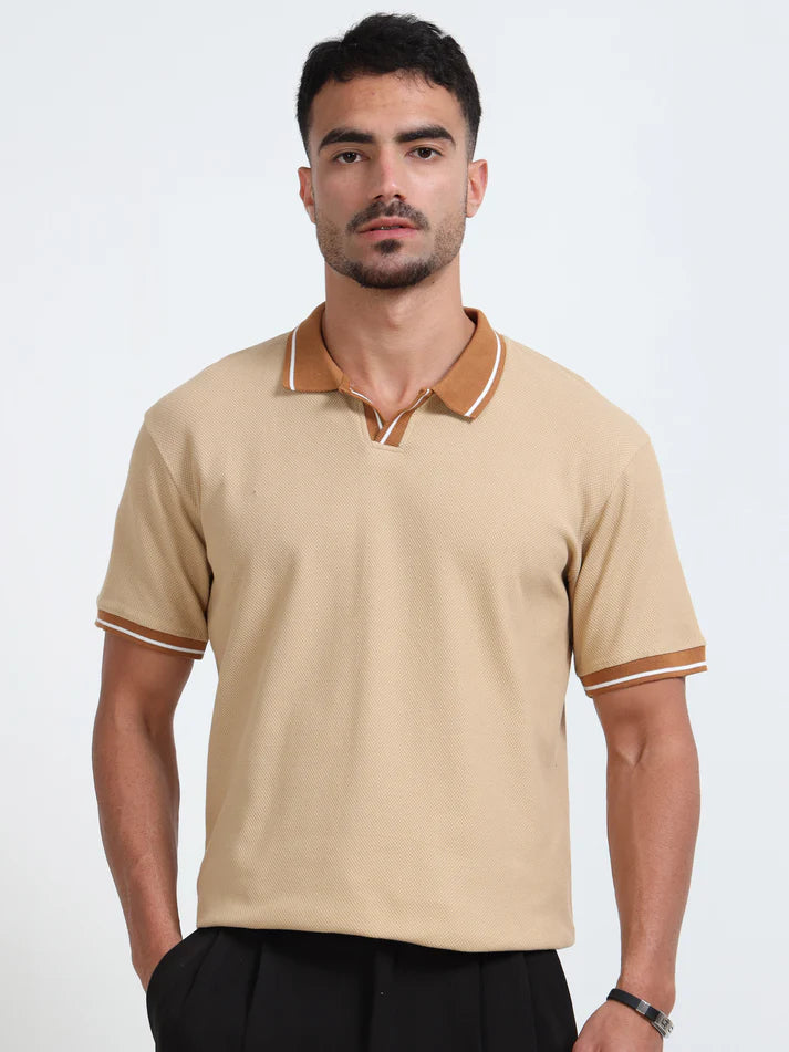 Textured Polo T-Shirt ( Beige - Brown )