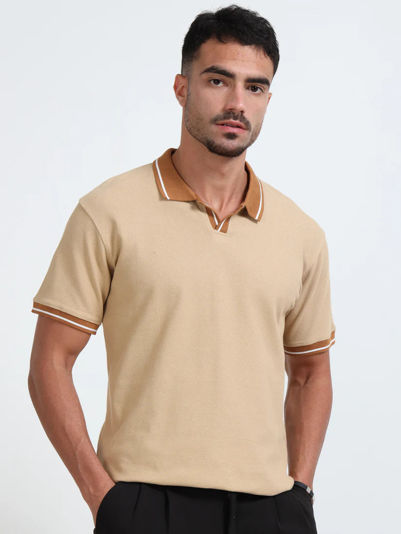 Textured Polo T-Shirt ( Beige - Brown )