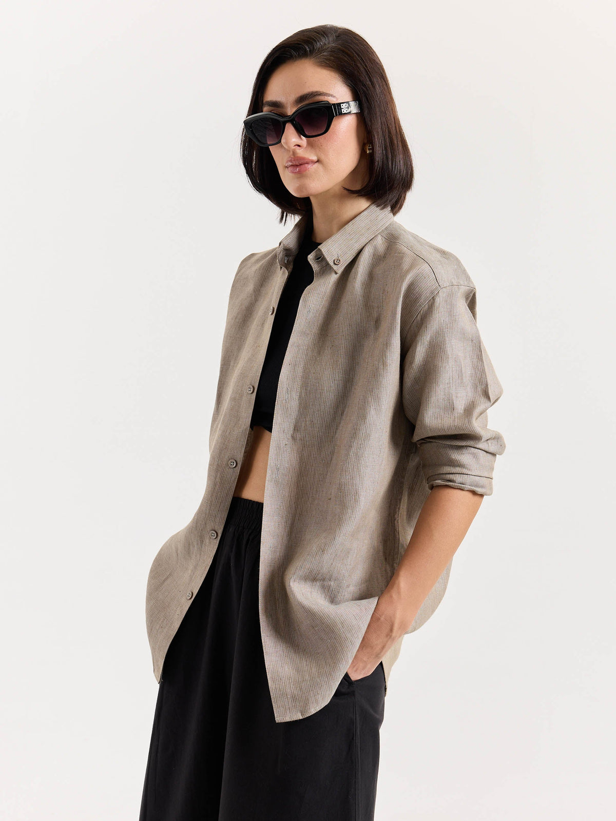 Light Taupe Striped Irish Linen Shirt