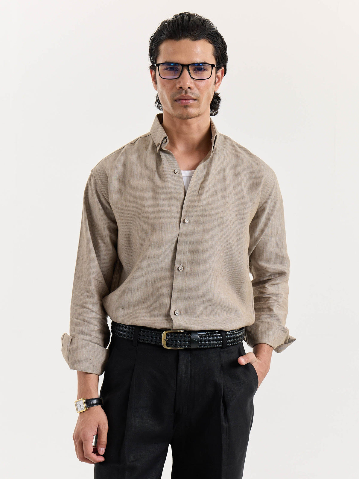 Light Taupe Striped Irish Linen Shirt