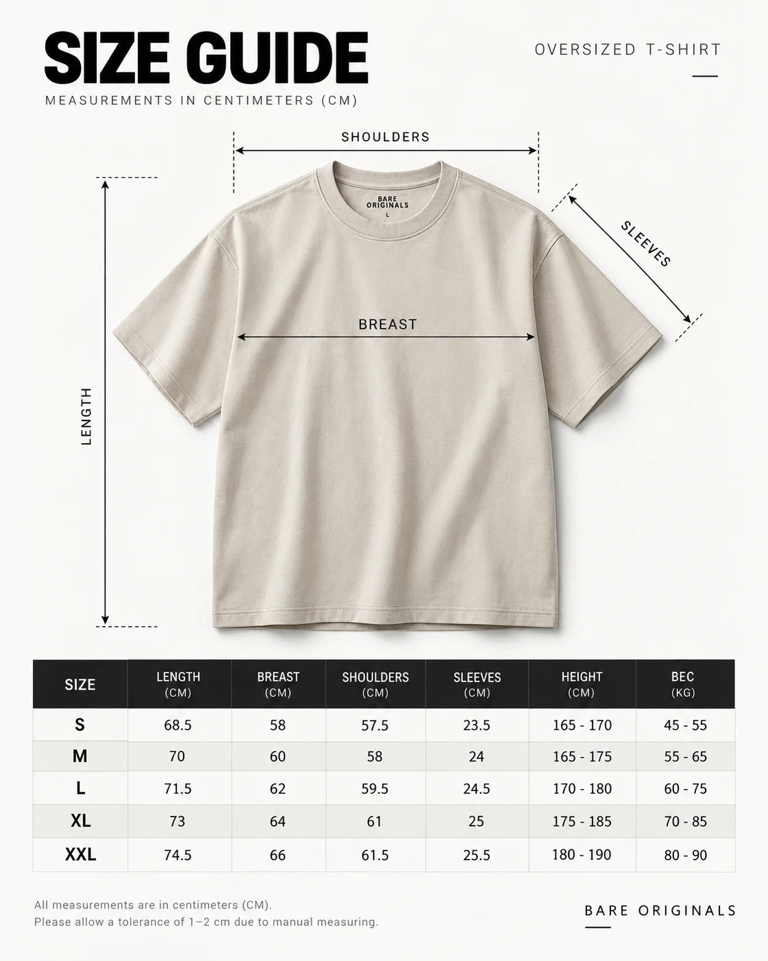 Size guide — oversized t-shirt, measurements in cm